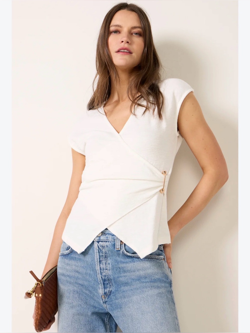 Zara White Wrap-Style Short Sleeve Top
